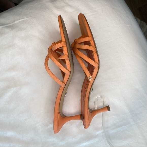 Sam Edelman Jedda Gold Logo Designer Melon Leather Suede Strappy Heels SZ 6 - Picture 7 of 13